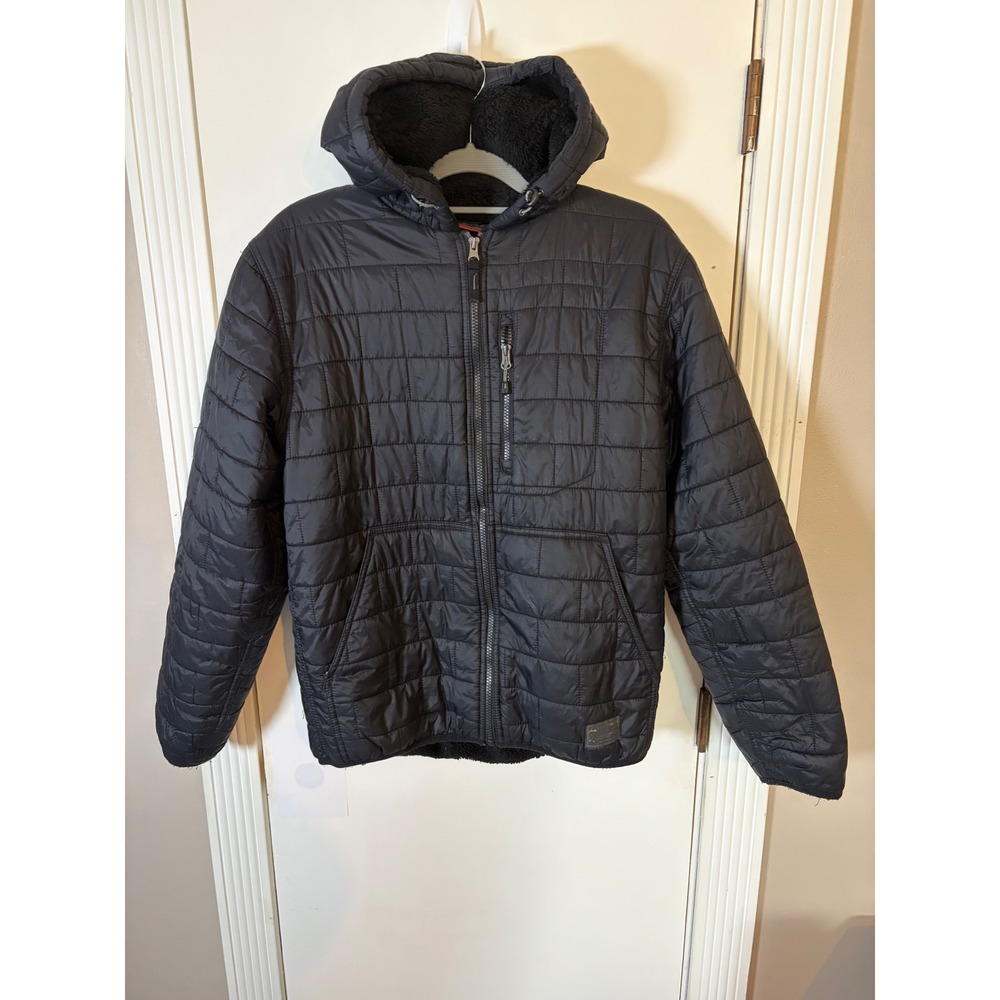 Free Country Mens Black Quilted Puffer Jacket Sherpa Lined Hood Full Zip Size M